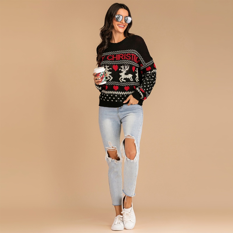 Áo Sweater Dệt Kim Tay Dài In Hình Tuần Lộc Giáng Sinh Dễ Thương Cho Nữ