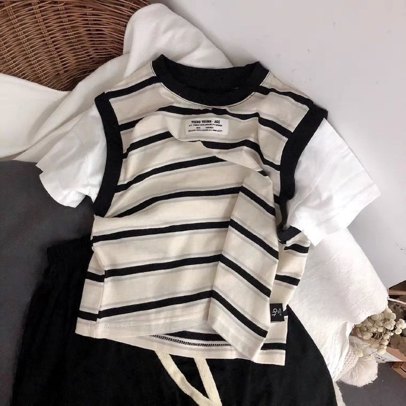 Áo Thun Cotton Ngắn Tay Dáng Rộng Phối Sọc Giả Hai Lớp Đơn Giản Theo Phong Cách Hàn Quốc Dành Cho Bé