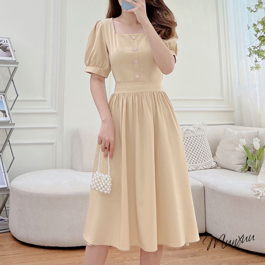 Đầm nữ thiết kế MUNXUU cổ vuông dáng xòe nhẹ trẻ trung, chất liệu mềm mát cao cấp - VV09