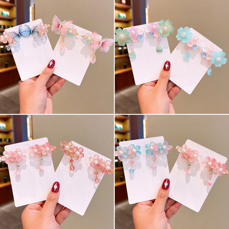 Set 1 Cặp Kẹp Tóc Hình Bươm Bướm/Hoa Nhiều Màu Sắc Phối Tua Rua Dễ Thương Cho Bé Gái