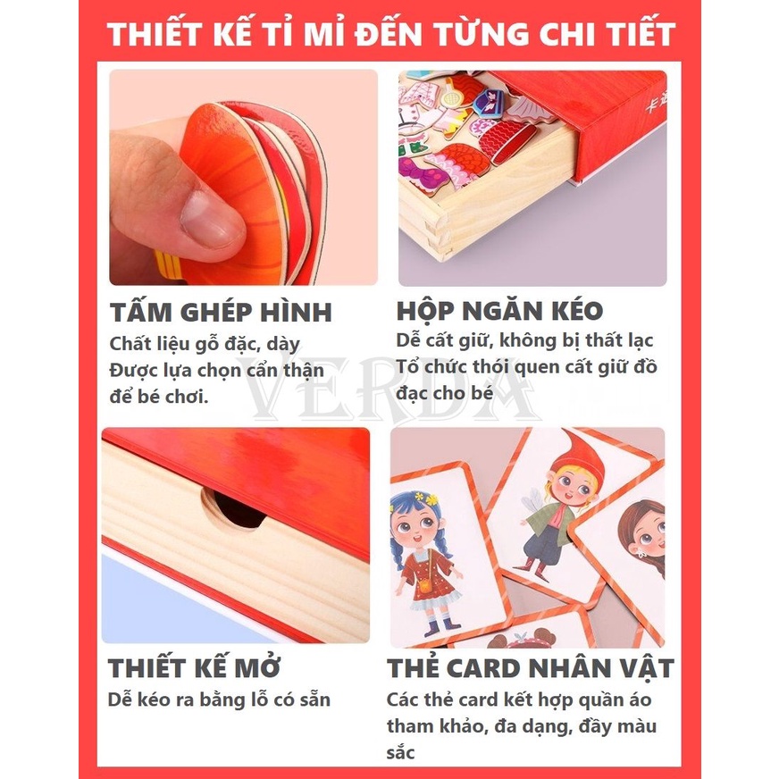 Bộ ghép hình nam châm đồ chơi xếp hình thông minh gỗ VERDA cho bé gái giáo dục trẻ em thiết kế thời trang thay quần áo