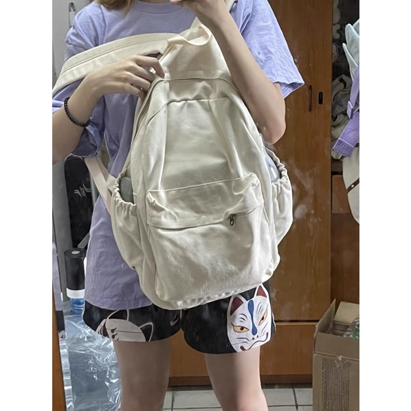 Balo đi học basic vải canvas kiểu basic hai màu be, đen. Cặp sách ullzang dáng rộng vừa laptop 17 inch