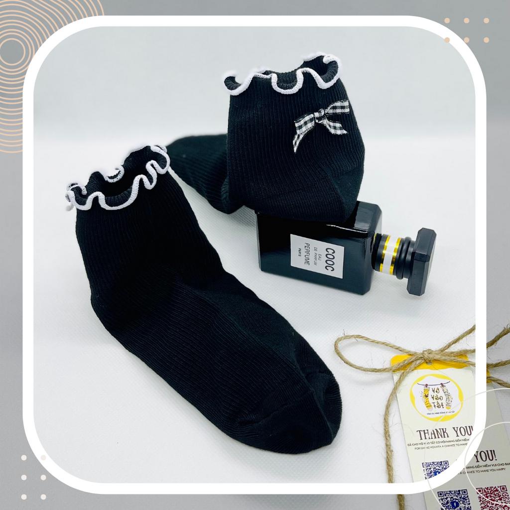 VỚ TẤT NỮ CỔ NGẮN VIỀN BÈO NHÚN GÓT NƠ LOLITA MÀU ĐEN