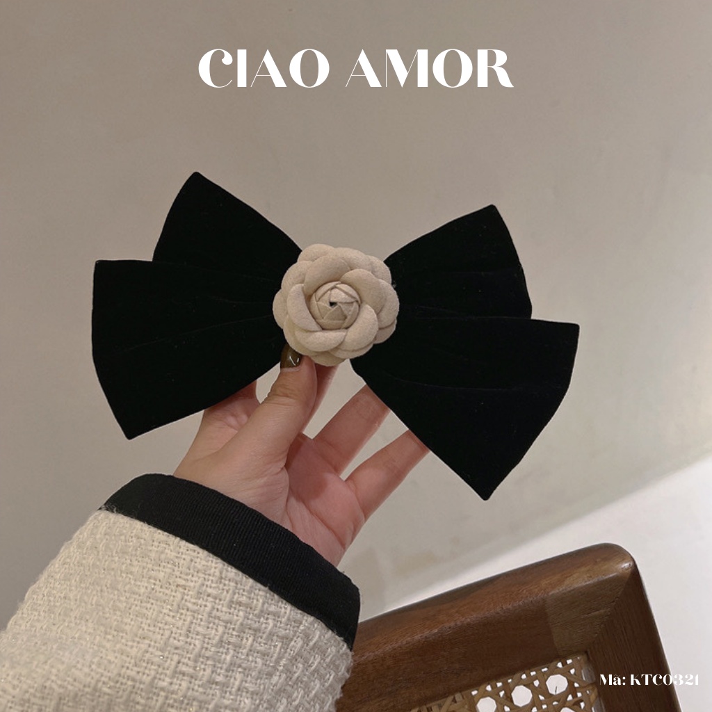 Kẹp tóc nữ, Kẹp tóc nơ to bản da lộn đính hoa CN hottrend sang trọng Phụ kiện tóc Trang sức Ciao Amor - KTC0321