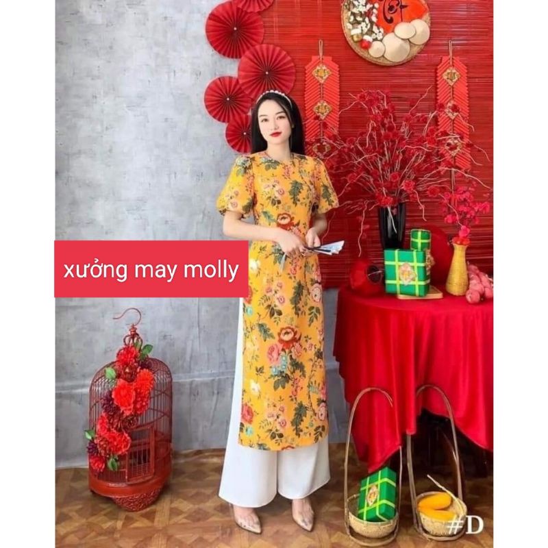 Sale_Áo dài gấm xốp tăm hoa tay phồng_ có bigsize