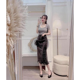 Chân váy jean nữ rách dáng dài