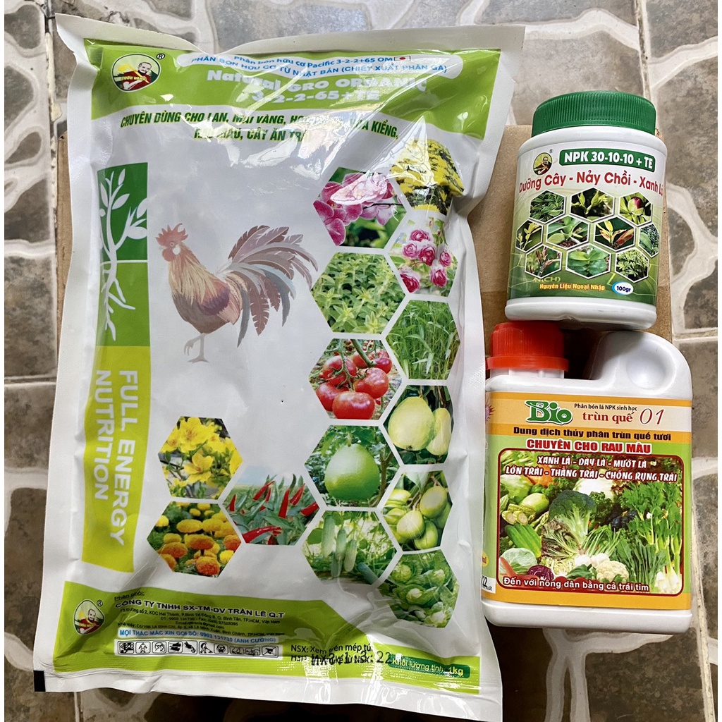 Phân bón rau hữu cơ (dịch trùn quế, phân gà 1kg, 30-10-10)