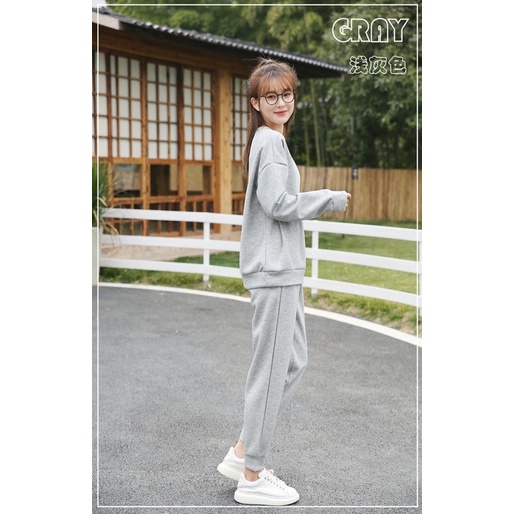Set nỉ trơn áo cổ tròn quần bo ống Unisex, Bộ đồ ngủ quần ống bo gấu kèm áo sweater mặc ở nhà đẹp hot trend