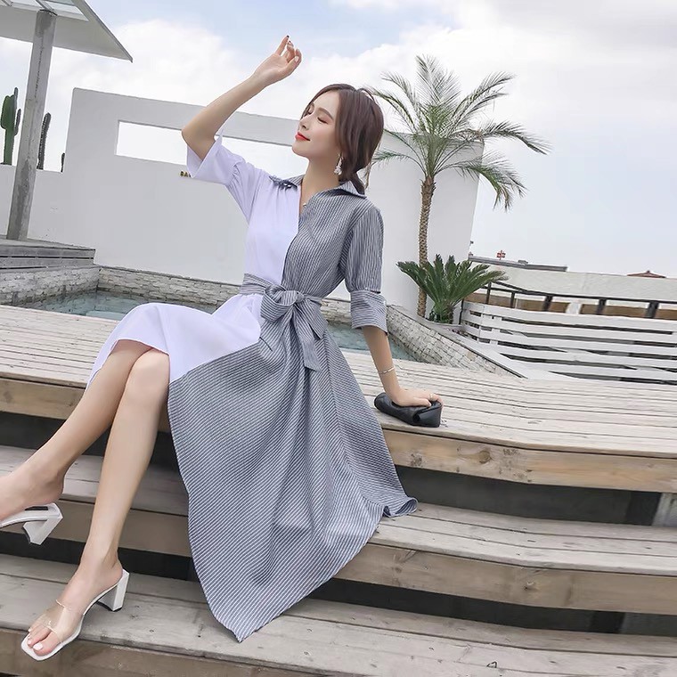 Đầm nữ tay ngắn cổ chữ V họa tiết sọc ngang thời trang quyến rũ | BigBuy360 - bigbuy360.vn