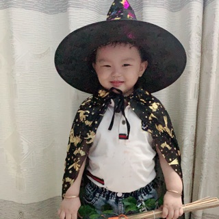 Sét trang phục phù thuỷ áo choàng và nón và chổi trang phục hoá trang Halloween