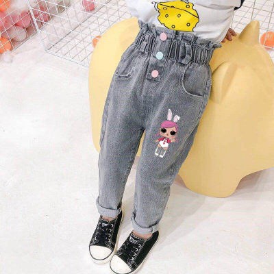 Quần jeans dài in họa tiết chuột Mickey hoạt hình xinh xắn cho bé gái từ 1-7 tuổi