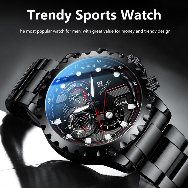 Đồng hồ thể thao WISHDOIT chống thấm nước bằng thép không gỉ Chronograph thời trang cho nam giới có hộp quà tặng màu bạc/đenWSD-017