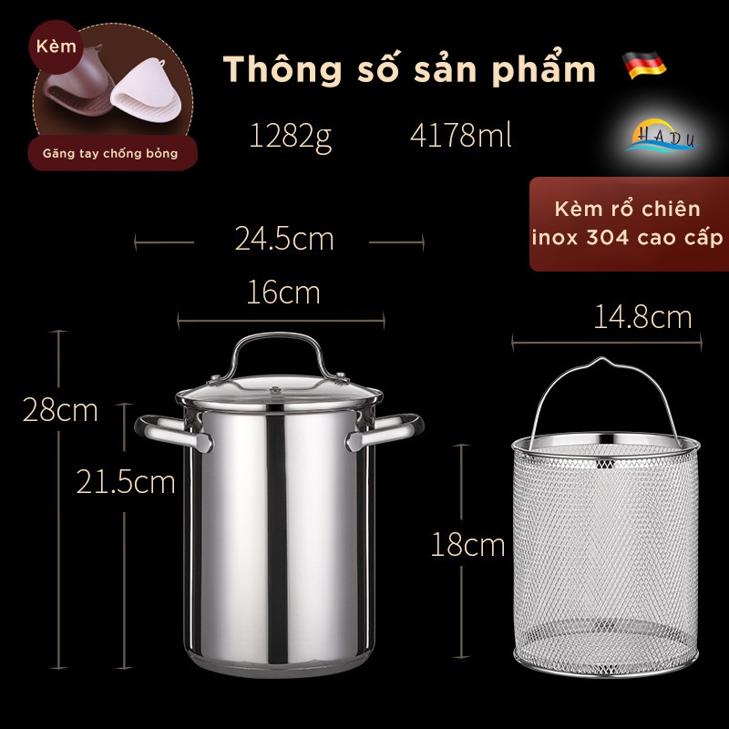 Nồi luộc gà bếp từ 3 đáy inox 304 cao cấp chất lượng đẹp sáng bóng chắc chắn an toàn nắp kính cường lực trong suốt HADU