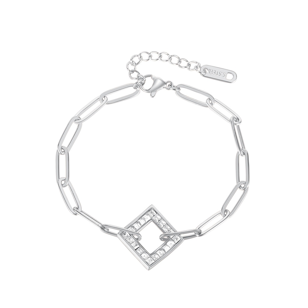 Vòng Tay Thép Titan Đính Kim Cương Hình Vuông Đơn Giản Cá Tính