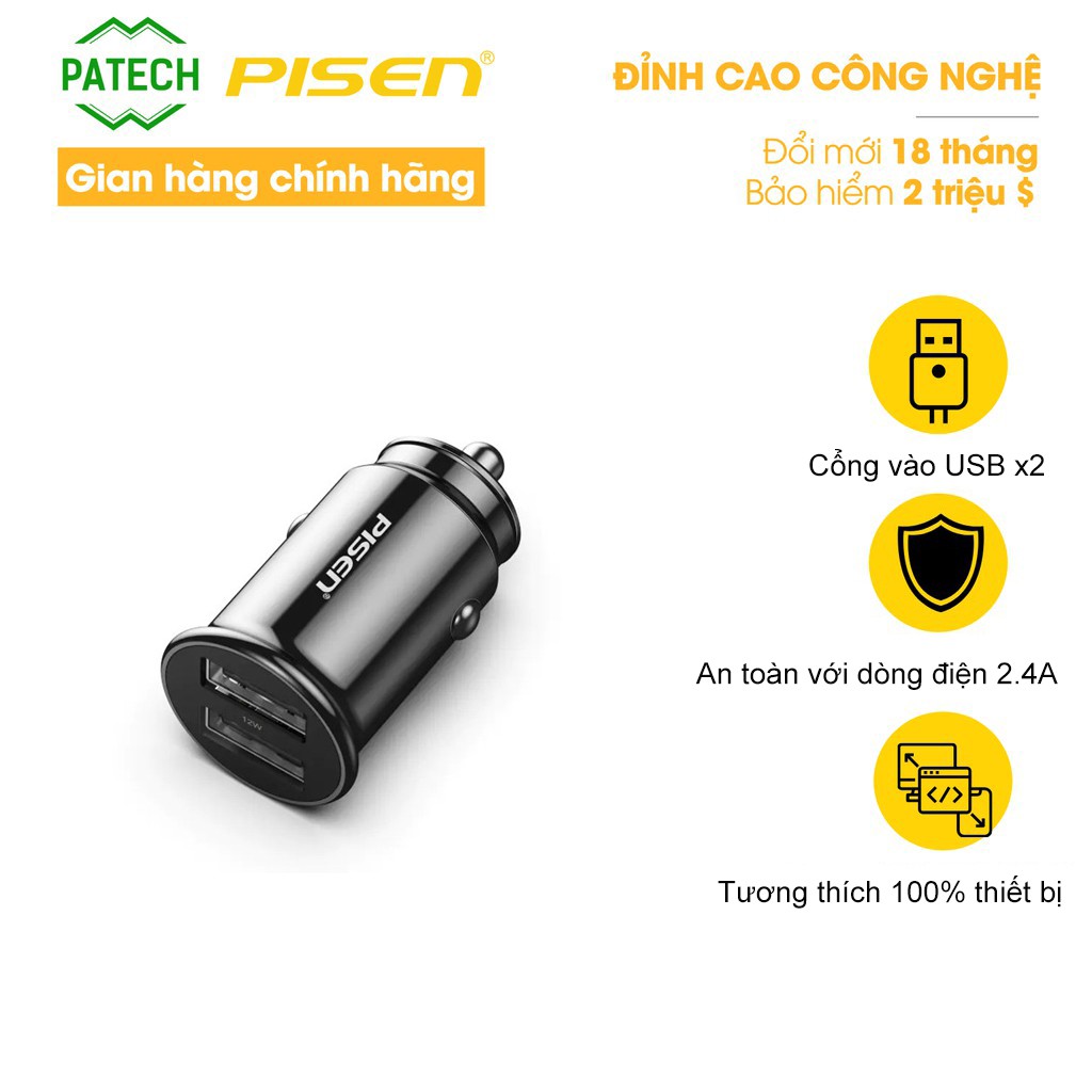 Sạc PISEN Dual USB Car 2.4A - Super small, FAST - (BL-CC01LS)- Hàng chính hãng