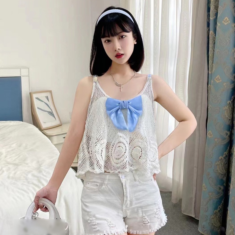 Áo Croptop Dệt Kim Hai Dây Thắt Nơ Dáng Rộng Dễ Thương Cho Bạn Gái