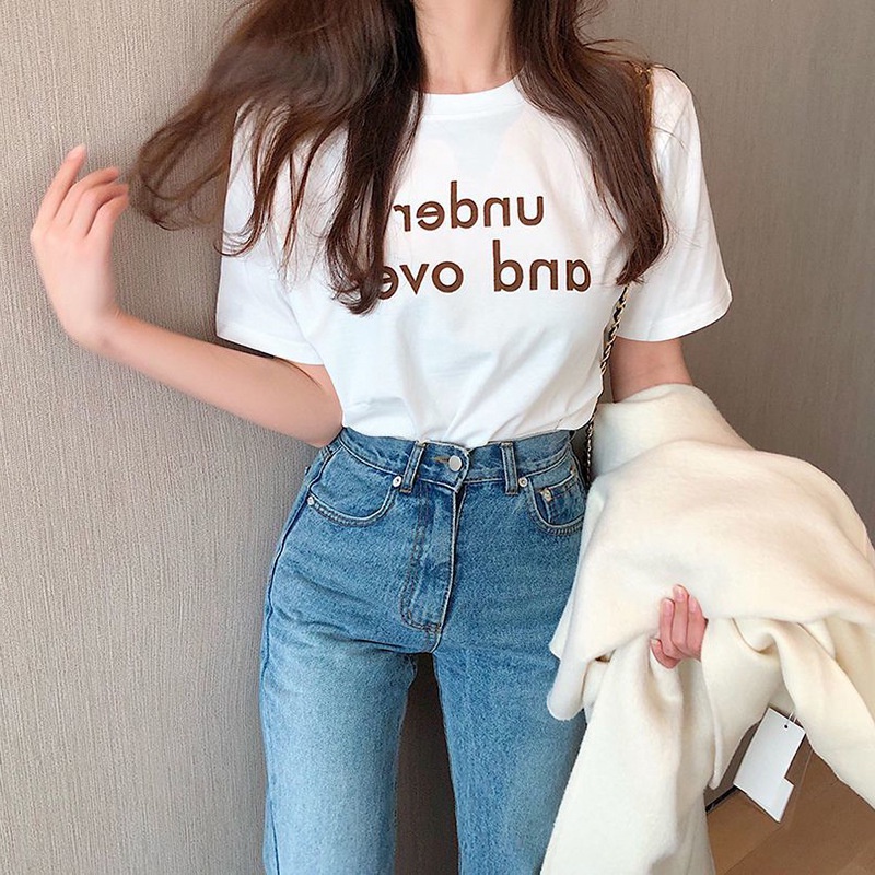 Áo thun IELGY cổ tròn ngắn tay dáng rộng in chữ phong cách Hàn Quốc thời trang hè cho nữ