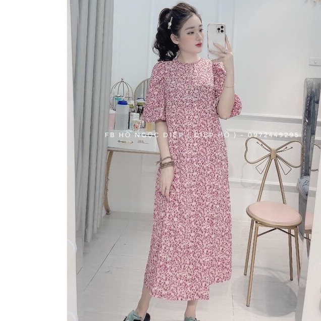 váy hoa nhí vintage dáng dài cổ tròn kiểu dáng hàn quốc