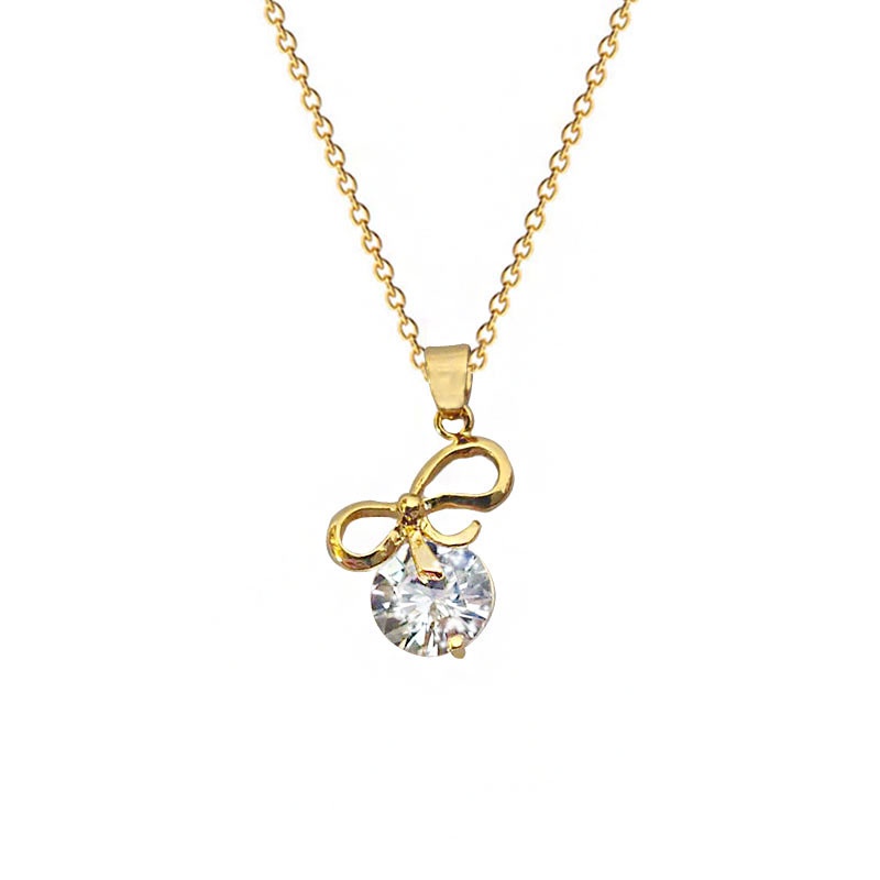 Dây Chuyền Thép Titan Mặt Nơ Đính Đá Zircon Đơn Giản Thời Trang