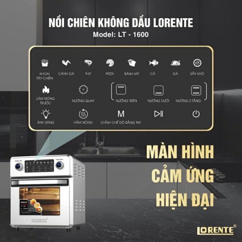 nNồi Chiên Không Dầu 16L Lorente LT 1600- Điều Khiển Cảm Ứng-8 Chế Độ Cài Đặt Sẵn