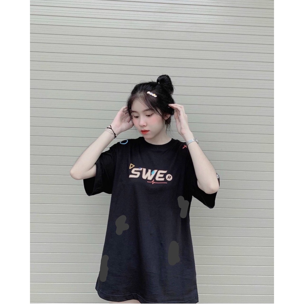 Áo phông SWE chữ xanh form rộng đẹp- Áo thun tay lỡ Unisex nam nữ kiểu hàn quốc vải cotton HARI in hoạ tiết