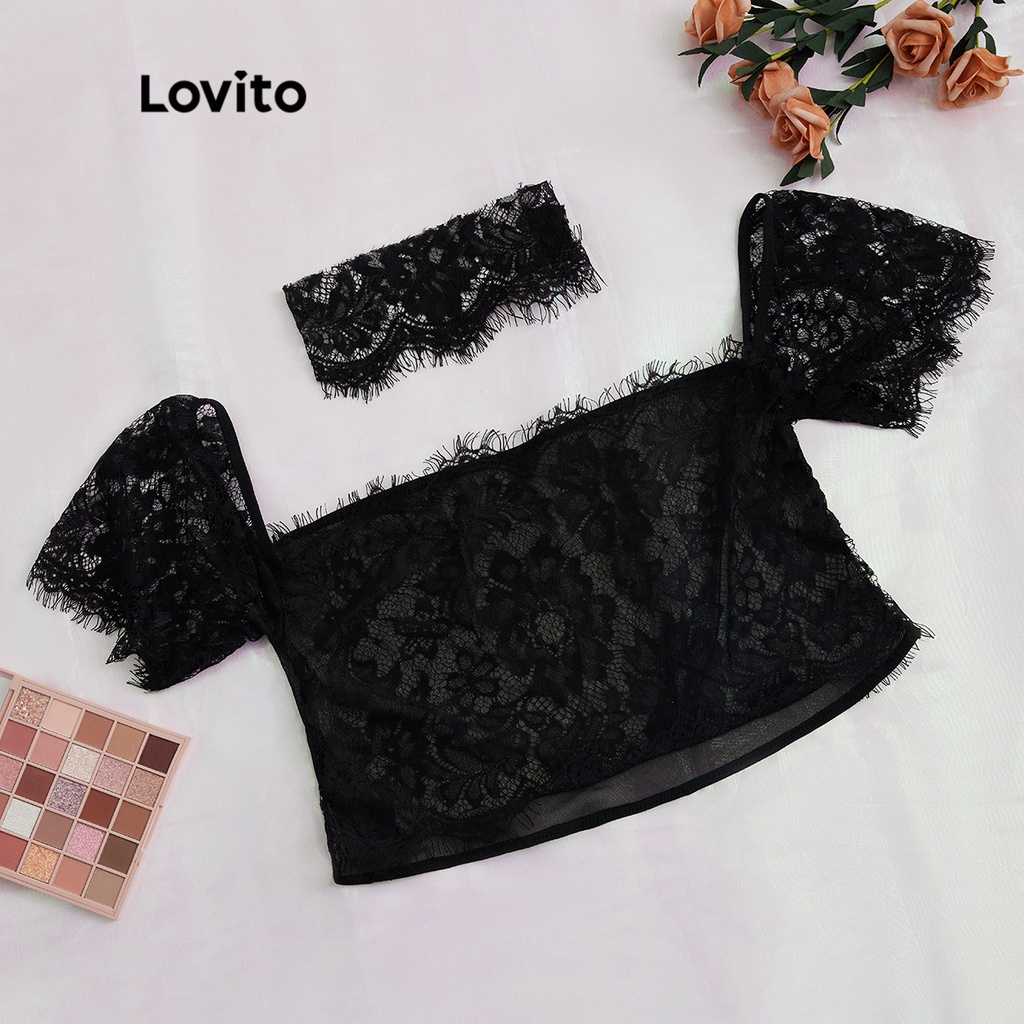 Đồ lót ren Lovito với dây đeo trễ vai không có miếng đệm sexy L17X614 (Trắng / Đen)