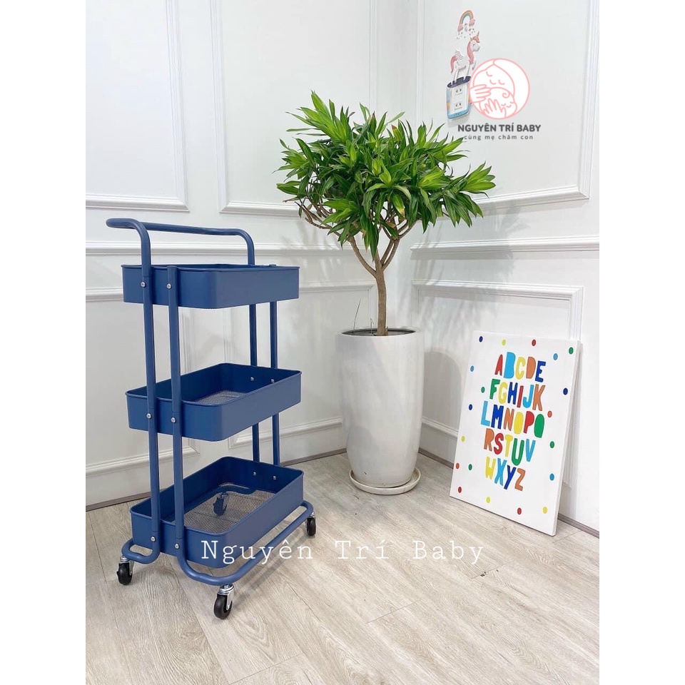 Kệ sắt đa năng 3 tầng sơn tĩnh điện, đựng đồ em bé, có tay cầm và bánh xe