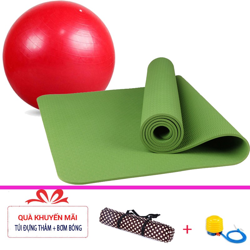 Combo thảm tập yoga TPE 1 lớp 8mm + Bóng tập yoga cao cấp (Tặng túi đựng thảm và bơm bóng)