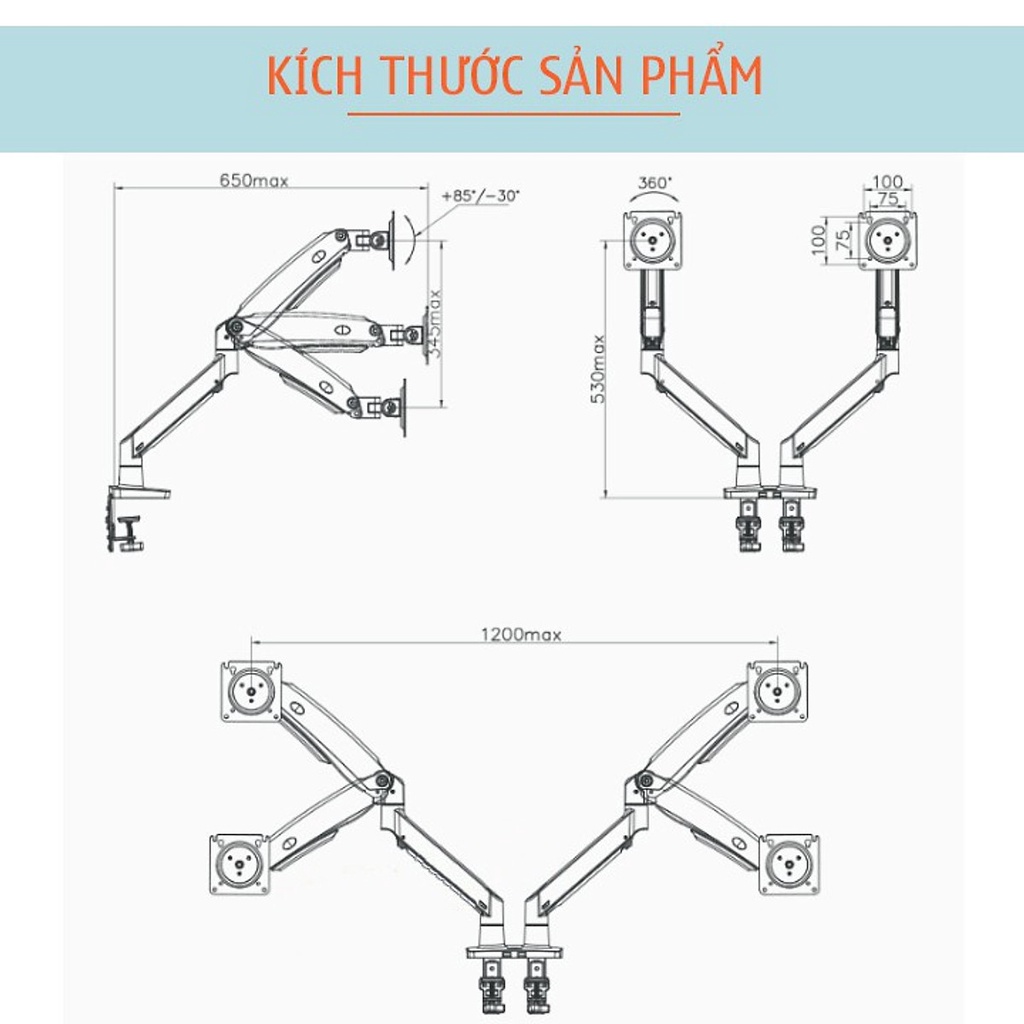 Giá treo hai màn hình NB F160  - Xoay 360 độ - Dual Arm Monitor.