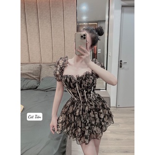 Đầm nữ cúp ngực tay bồng phối ren chun lưng, váy thiết kế nữ tơ hoa tay bồng đi chơi