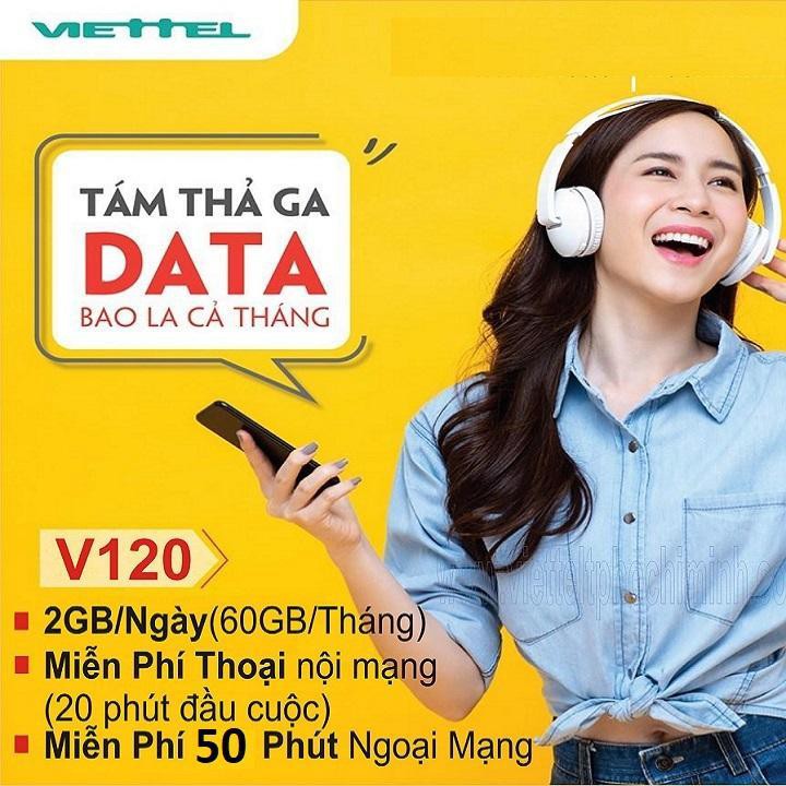 Sim 4G Viettel 2GB/ngày (62Gb/tháng) gói V120 + 50 Phút gọi ngoại mạng giống sim V90