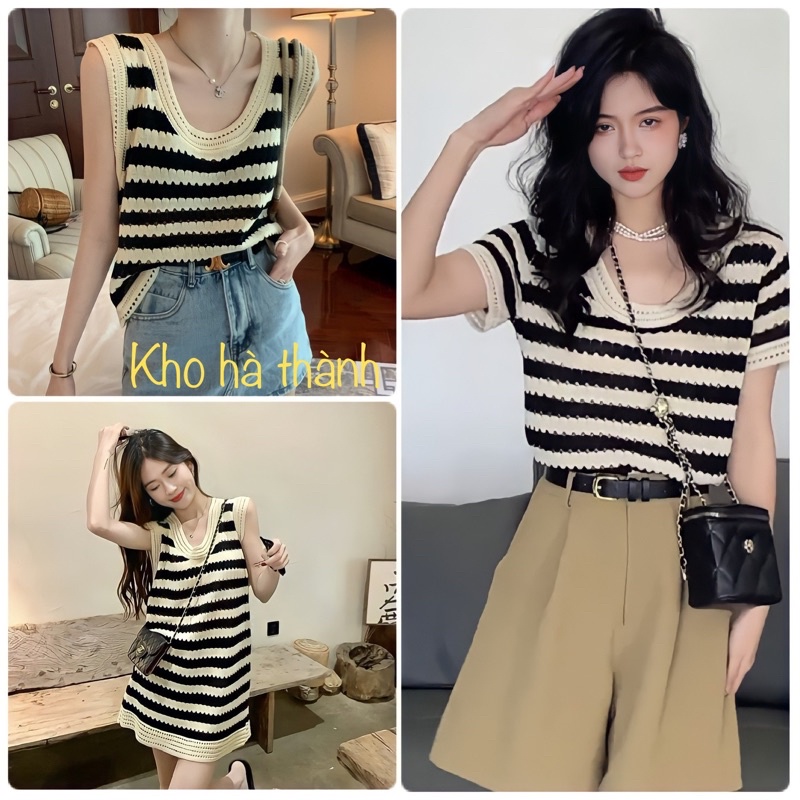 Áo Len Nữ Dệt Lỗ Thủng, Áo Dệt Kim Dáng Rộng Kẻ Sọc Trắng Đen Thời Trang Hàn Quốc Cho Nữ