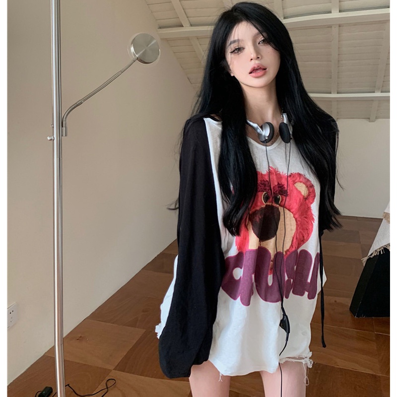 Áo Thun Hoodie Tay Dài Dáng Rộng In Hoạt Hình Dễ Thương