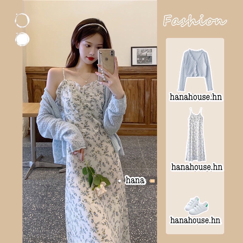 🔥 Váy Hai Dây Hoa Nhí Bèo Nhún Ngực + Áo Khoác Cardigan Mỏng Phong Cách Hàn Quốc S03