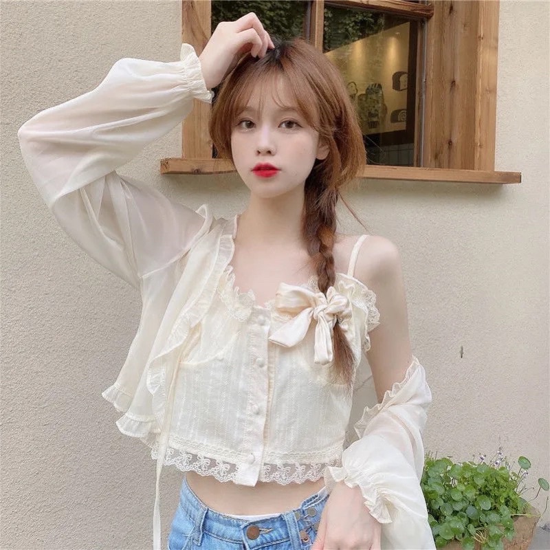 Áo Khoác Ngoài Cadigan Mỏng Mặc Ngoài Váy Nhiều Màu Chất Chiffon Dài Tay Điệu Buộc Dây Tiểu Thư Style Hàn Quốc