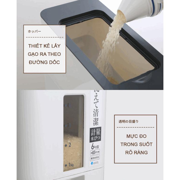 (Tặng môi xới cơm) Thùng gạo thông minh Nhật Bản - Dung tích 12kg - 2 Mức đong gạo Thông minh - Giữ gạo luôn thơm ngon