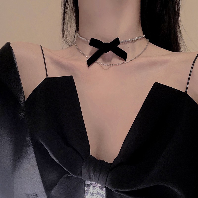 Vòng cổ choker 2 lớp mặt hình nơ đính đá phong cách Hàn Quốc thời trang