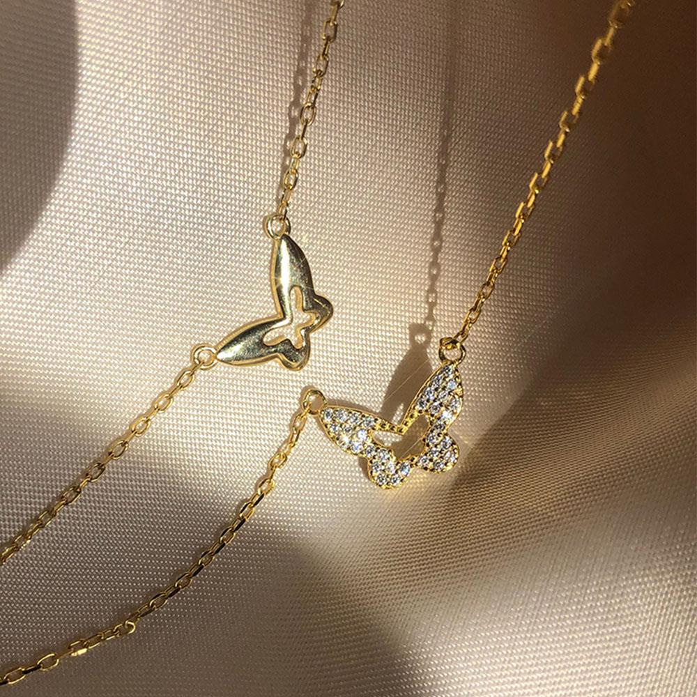 QQMALL Vòng Cổ Choker Hai Lớp Mặt Hình Bướm Đính Đá Lấp Lánh Dành Cho Nữ