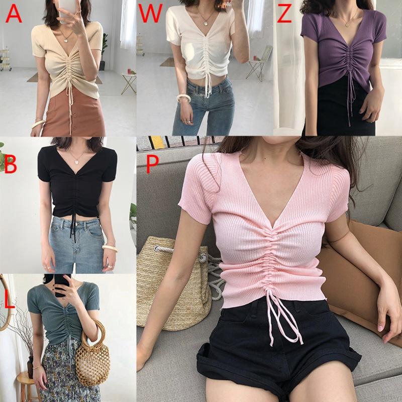 Áo Thun Ngắn Tay Cổ Chữ V Phối Dây Rút Phong Cách Hàn Quốc Thời Trang