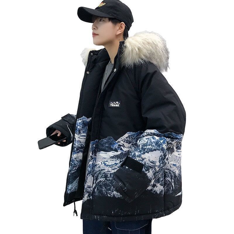 Áo Khoác Phao Đệm Cotton Dáng Rộng Cổ Phối Lông In Hình Núi Tuyết Thời Trang Thu Đông Cho Nam