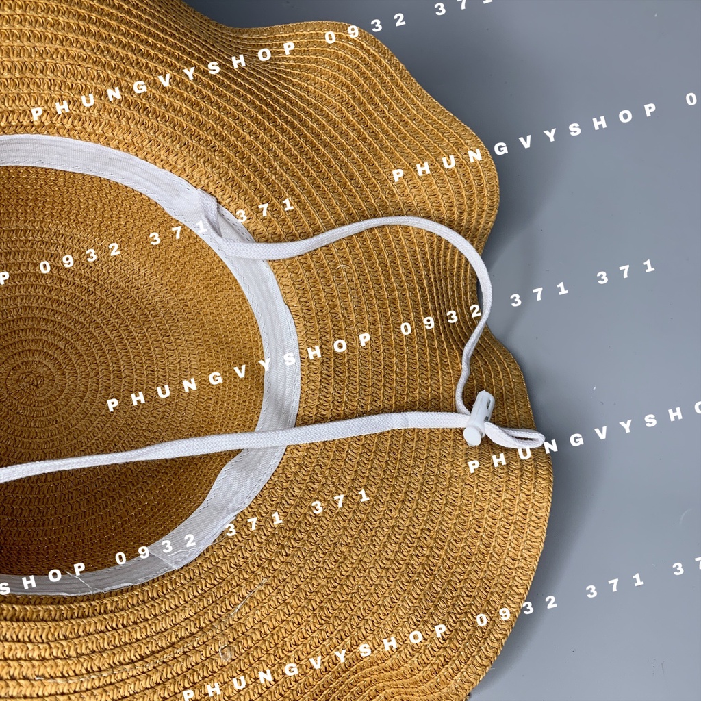 Mũ cói VÀNH LƯỢN DÂY BI nón đi biển che nắng