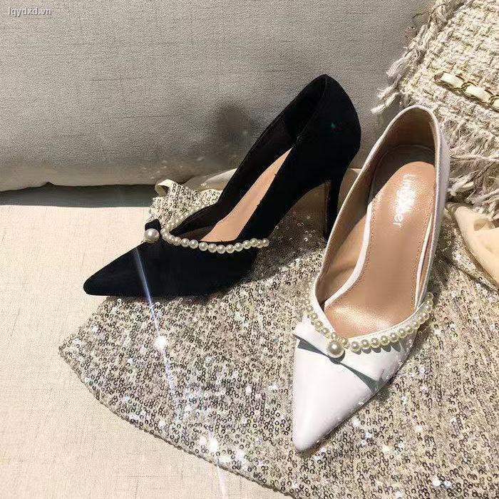 Giày cao gót mũi nhọn đính ngọc trai giả sang trọng cho nữ