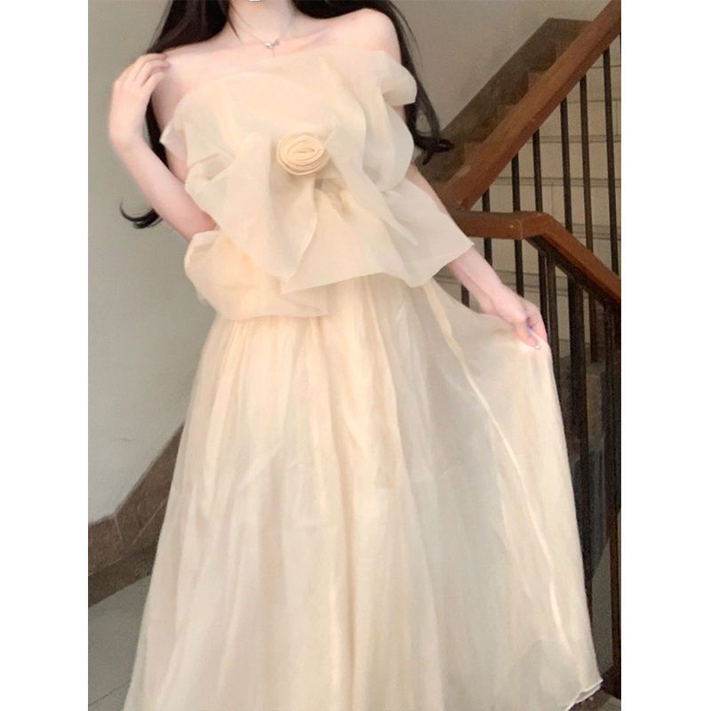 Bộ Áo Ống Ngắn + Chân Váy Lưới Eo Cao Thời Trang Mùa Hè 2022 Phong Cách Pháp Hàng Mới Dành Cho Bạn Nữ