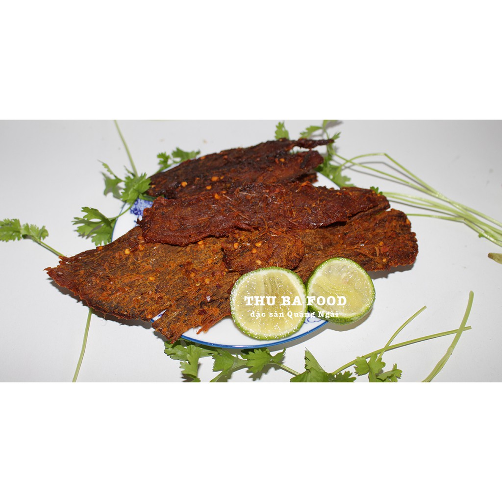KHÔ BÒ CAY VỪA hũ miếng loại 1 thơm ngon Thu Ba 500 gram. Beef Jerky snack slices spicy special from Quang Ngai province