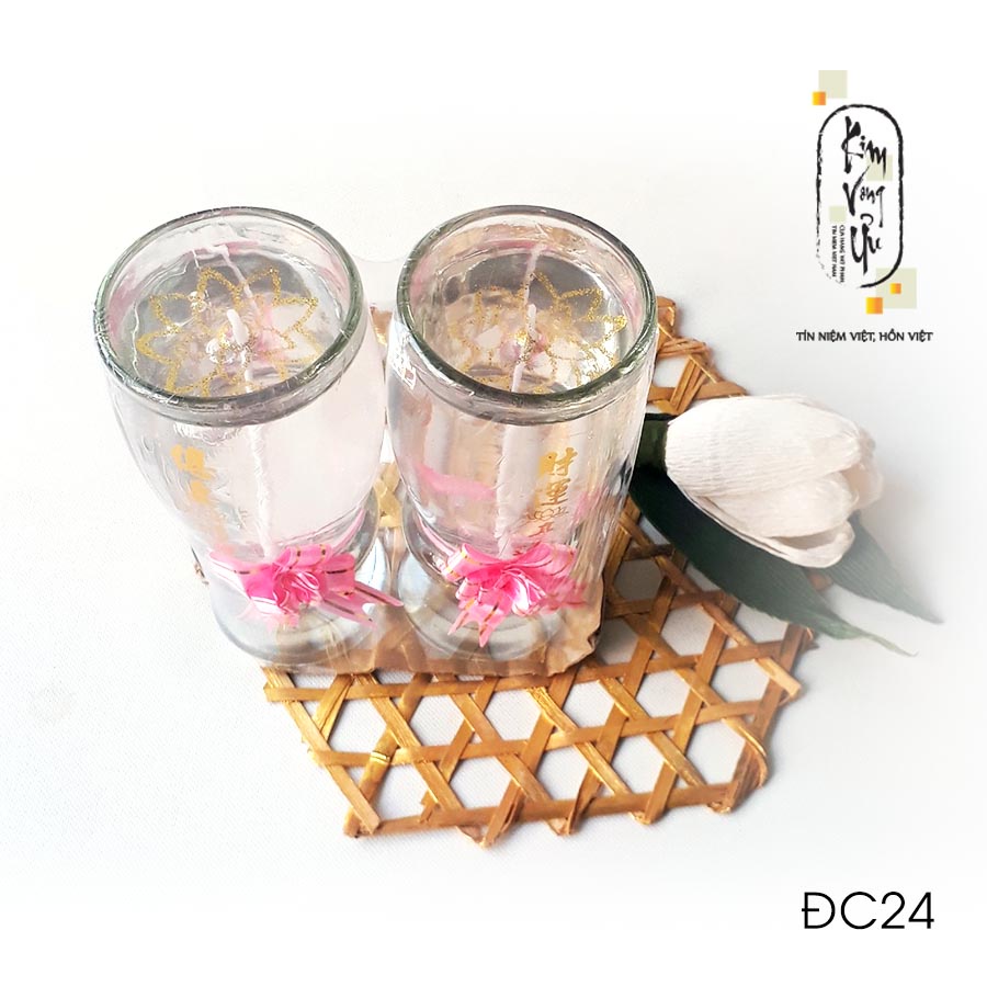 Đèn cầy ly cúng Nơ Hồng Viền Đỏ / Không Viền  ĐC24 cao 14.5 cm