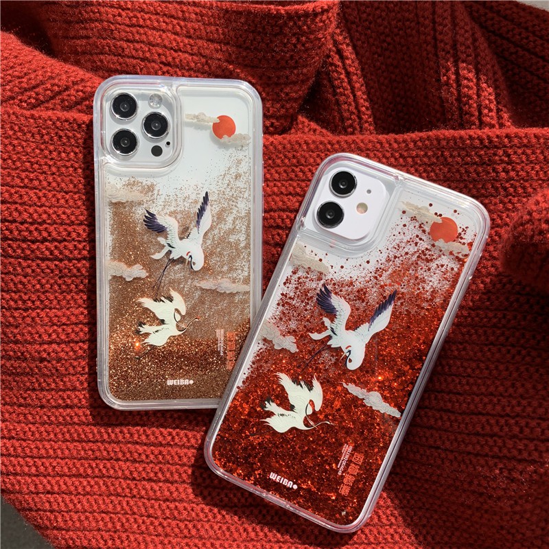 iPhone case for iPhone 11 Pro Max / iPhone12 / iPhone X / iPhone 7 Plus / iPhone 8 / iPhone 6 / iPhone 11 National Wind Crane Quicksand Anti-drop Phone Case TPU Soft Case