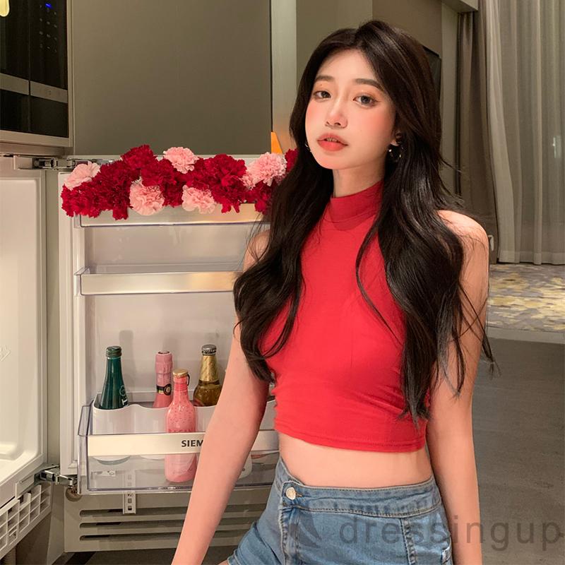 Áo Croptop Không Tay Màu Trơn Dáng Ôm Cột Nơ Sau Lưng Cho Nữ