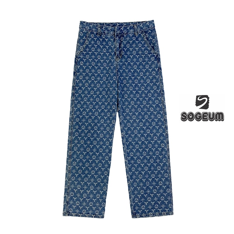 Quần ống rộng nam nữ họa tiết thêu LV, quần jean ống suông unisex hottrend - Sogeum