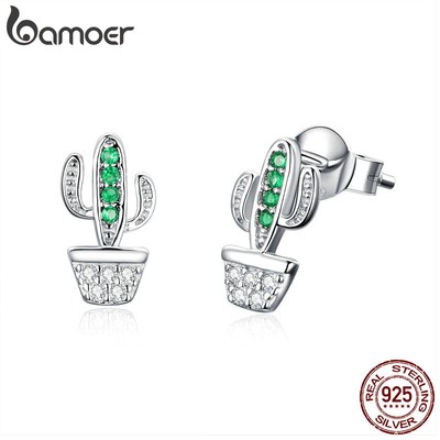 Bamoer Bông Tai Bạc 925 Hình Cây Xương Rồng Đính Đá zircon sce522