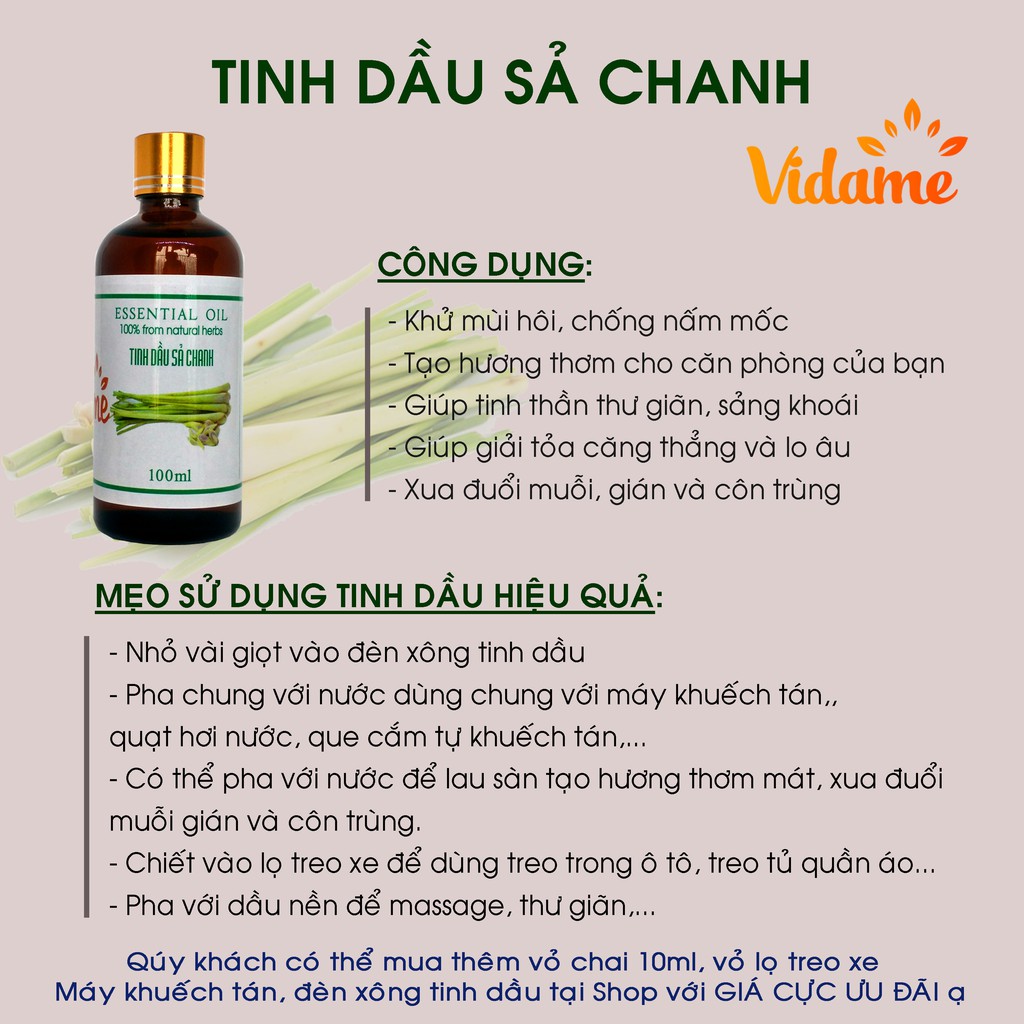 [COMBO 2 LỌ 100ML] Tinh Dầu Sả Chanh VIDAME - Hàng Chính Hãng, Tinh Dầu Xả Đuổi Muỗi, Xông Thơm Phòng, Khử Mùi Hiệu Quả